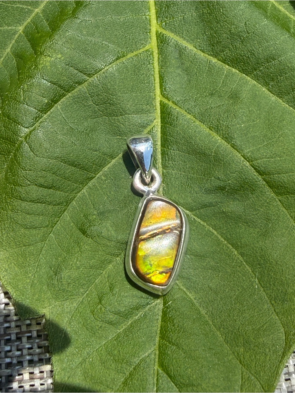 Ammolite Wave Mini Pendant Iridescent Yellow-Green set in Solid Sterling Silver
